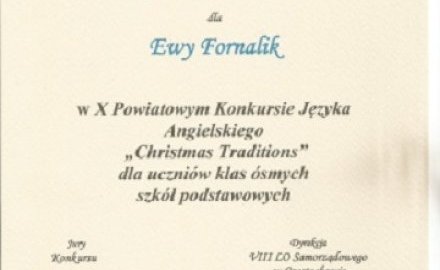 Wyróżnienie Ewy Fornalik w X Powiatowym Konkursie Języka Angielskiego „Christmas Traditions”